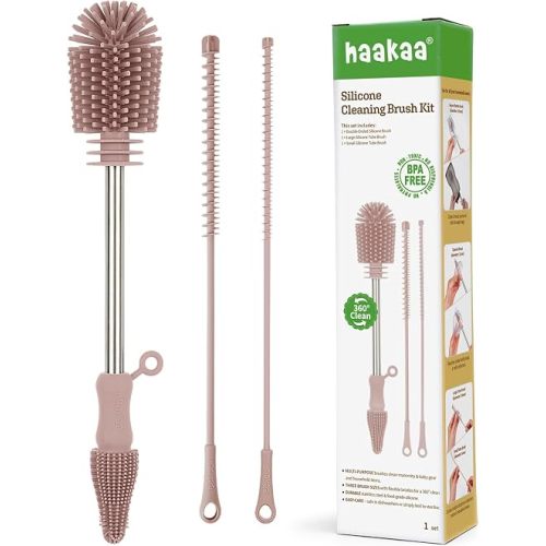 Haakaa Silicone Cleaning Brush Kit - Baby Bottle Brush Cleaner for Breast Pump,Nipple,Breast Milk Storage Bag,Reusable Straw,Sippy Cup - Food Grade Silicone Bristles, Portable - 3 Pcs - Pink