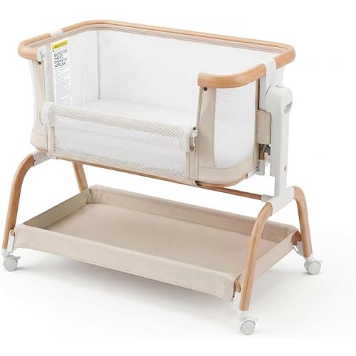 3 in 1 Baby Bassinet,Rocking Bassinets Bedside Sleeper with 6 Adjustable Heights,Breathable Full-Mesh,Comfortable Mattress & Lockable Wheels,Stable Rolling Portable Crib for Newborns(Beige) | Breathable Full-Mesh, Wood Grain Design, V-Shaped Structure