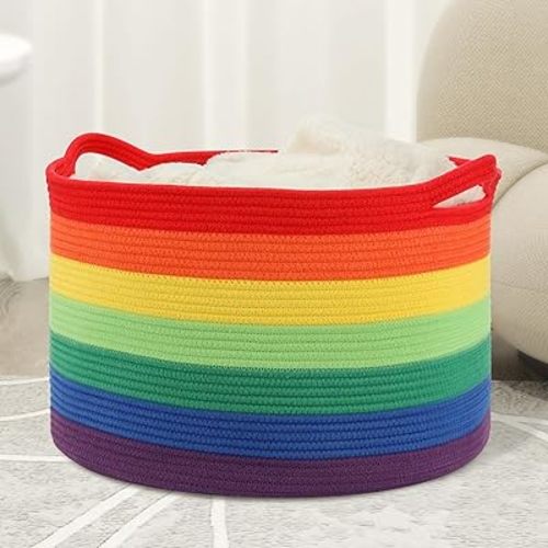Eblog Large Blanket Basket (20"x13"),Woven Basket for Storage Dirty Clothes Basket for Laundry, Living Room, Nursery, Bedroom Rope Storage Basket for Blankets（Rainbow)