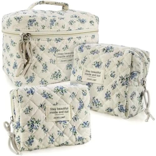 Cute Quilted Floral Makeup Bag(3Pcs),Coquette Aesthetic Cosmetic Bag,Travel Toiletry Bags, Kawaii Aesthetic pouch for Women (4 - Little Blue Flower)