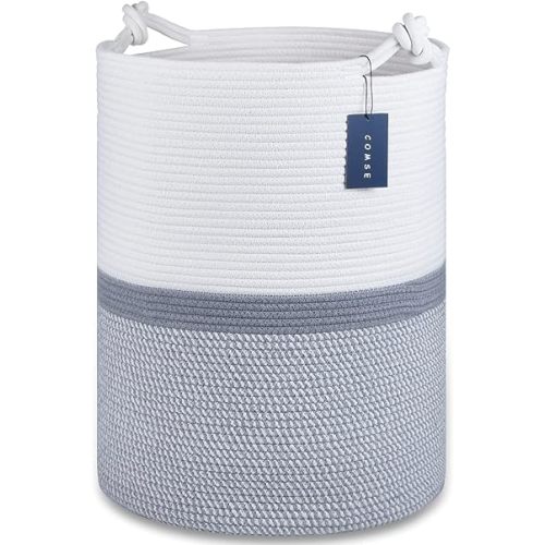 COMSE Extra Large Blanket Basket, Tall Woven Storage Basket, Nursery Hamper, 15.7”x 21.7”, Cotton Rope Laundry Hamper for Toys Clothes Towels, Blend White/Gray