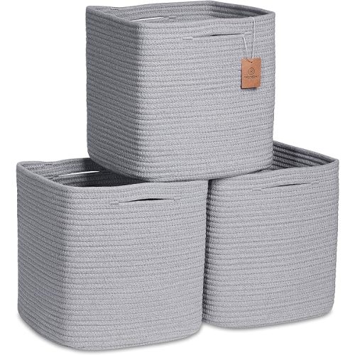 NaturalCozy Storage Cubes 11 Inch Cotton Rope Woven Baskets for Organizing, 3-Pack | Cube Storage Bin | Square Storage Baskets for Shelves Organizer, Classroom, Kids Toy Bins, Closet, Baby Nursery