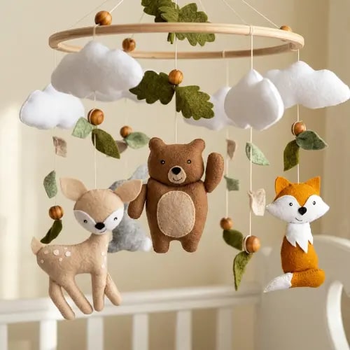 Woodland Baby Mobile Neutral | Forest Animals Baby Mobile with Bear, Deer, Fox & Bunny