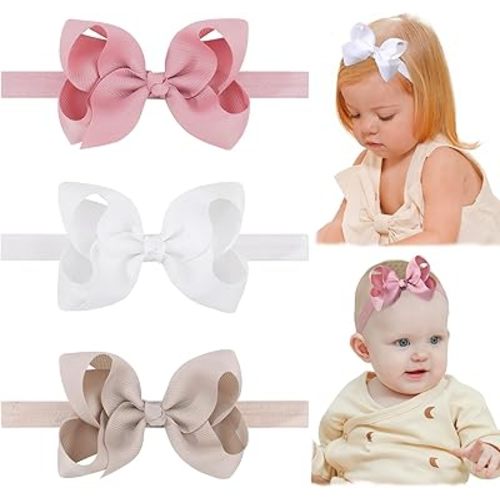 jollybows Baby Girls Headbands, 3 PCS 4in Grosgrain Ribbon Hair Bows - White, Cream, Pink, for Baby Girls Infants Toddler Kids Teens and Children
