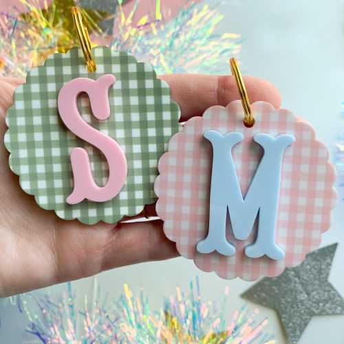 Gingham Scallop Acrylic Name Initial Keychain Bag Tag Custom Name Tag