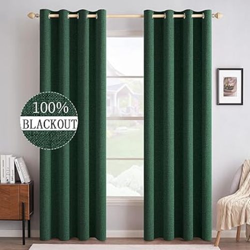 MIULEE Linen Curtains for Bedroom 100% Blackout Thermal Insulated Emerald Green Grommet Room Darkening Curtains & Drapes Christmas Decor for Living Room Nursery 52 x 90 Inch (2 Panels)