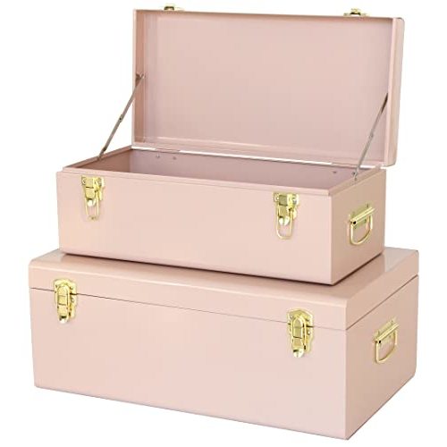 Vixdonos Metal Trunks College Dorm Steel Chests Decorative Storage Box Set of 2 Bedroom Organizer for Home Decor,23.7X14.2X9.5 Inches(Pink)