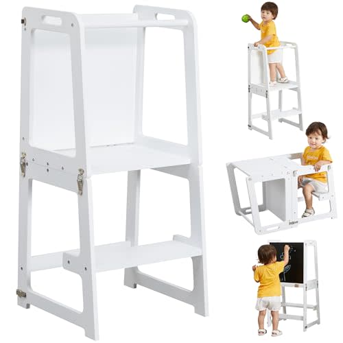 4-in-1 Standing Tower for Toddlers and Kids 1-6 Years, Kitchen Learning Helper Stool with Chalkboard, Desk Table, and Chair (White)