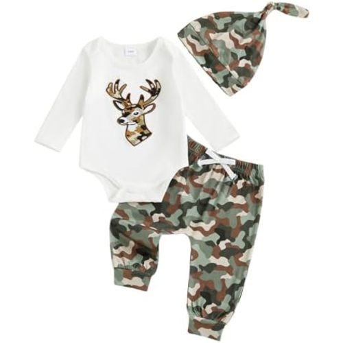Newborn Baby Boy Hunting Clothes Mallard Duck Embroidery Romper Bodysuit Long Pants Hat Set Fall Winter Outfits