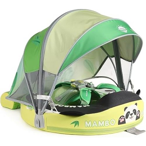 Mambobaby Baby Swim Float with Adjustable UPF 50+ Sun Canopy & Blue Penguin Design - Upgrade Non-Inflatable, Safe Pool Float for Infants & Toddlers 3-24 Months