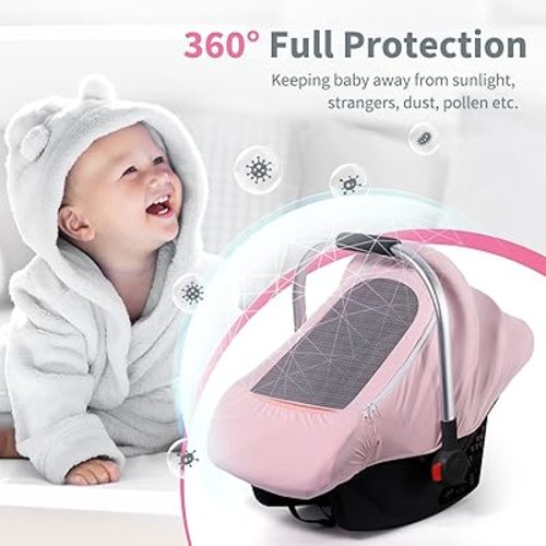Baby Car Seat Cover, Original Carseat Covers with Adjustable Breathable Mesh Window & Pocket, Stretchy Infant Car Seat Canopy for Girls Boys, Kick-Proof Stroller Cover for Summer