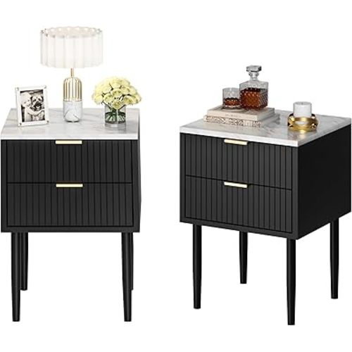 UEV Black Nightstand Set of 2 for Bedroom,Modern Two Drawers Nightstand with Gold Handles & Faux Marble Top,Tall Accent Side Table