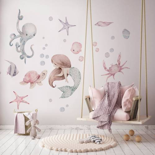 Mermaid Wall Decals | Girls Room Ocean Decor | Underwater Nursery Stickers