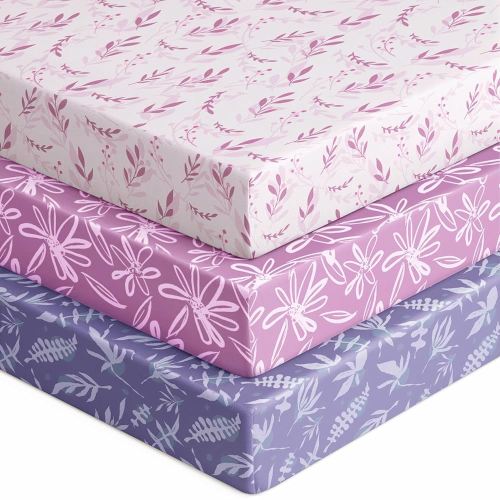 Baby Crib Sheets for Boys Girls, Fitted Crib Sheet Neutral 3 Pack for Standard Crib and Toddler Mattress, Breathable Soft Microfiber Baby Sheet 28x52x8in Purple Leaf