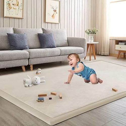 ILPEOD Baby Play Mat for Floor Nursery Rug Muscle Mat Area Rug Playroom Rug 79"x79" Playpen Mat Elastic Foam 1.3" Thick Crawling Mat for Babies,Toddlers, Infants, Kids,A Beige