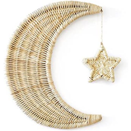 BEBE BASK Handmade Rattan Moon Wall Decor with Star - 100% Natural Organic Rattan Moon Decor for The Boho Nursery Decor - Moon and Stars Nursery Décor