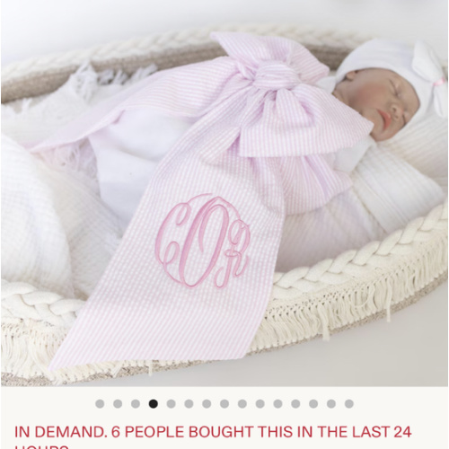 Monogrammed Newborn Infant Baby Seersucker Bow Sash Blanket, Maternity Photography Prop, Monogrammed Newborn Wrap, Baby Photo Prop, Big Bow