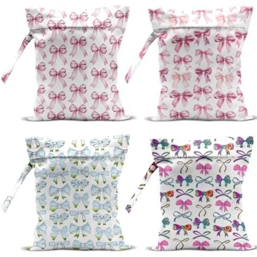 4 Pack Cute Pink Blue Bow Watercolor Leopard Bow Wet Bag Waterproof Reusable Wet Dry Bag for Swimsuit Dirty Clothes Diaper Beach Pool Gym Party Camping Toiletries Gift for Women Mom Birthday Christmas