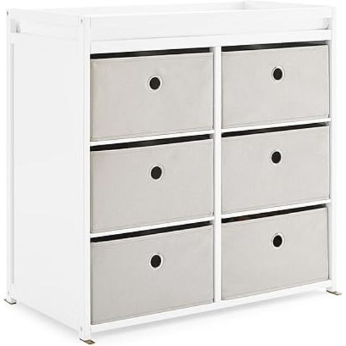 Delta Children Hayes Changing Table and Dresser for Bedroom with 6 Fabric Drawers, Bianca White/Flax Bins
