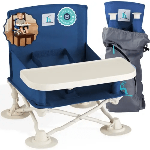 Hiccapop OmniBoost Asiento elevador de viaje con bandeja para bebé | Asiento elevador portátil plegable para bebé para mesa de comedor, camping, playa, abuela, correas de diseño sin puntas para sillas