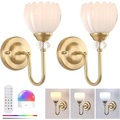 Set of 2 Vintage Battery Operated Wall Sconce, Rechargeable Wall Lamp with 5000mAh Battery & Remote Control, Dimmable Wall Lights with tulip shade for Bedroom Bathroom Living Room, (Tulip White Up)