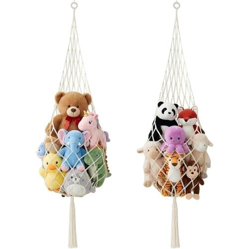 Tioncy 2 Sets Stuffed Animal Storage Organizers 70'' Stuffed Animal Hammock Corner Ceiling Hanging Net Macrame Display Holder Wall Mounted for Bedroom(Cream)