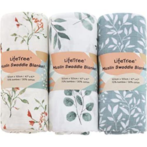 LifeTree Muslin Swaddle Blankets, 3 Pack Baby Swaddling Neutral Receiving Blanket for Boys & Girls, Bamboo Cotton, Eucalyptus/Florals/Leave Pattern, Large 47 x 47 inches