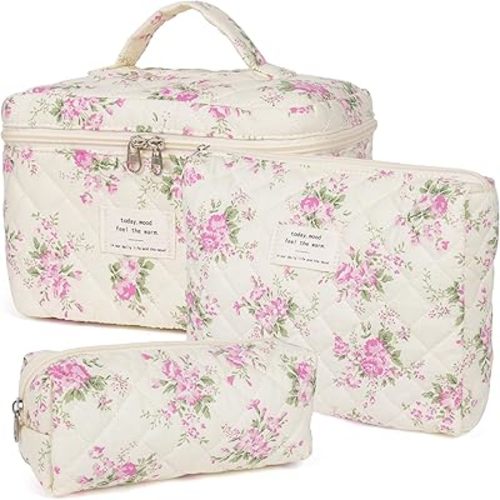 honitty Makeup Bag,Quilted Cosmetic Bags,Large Floral Make Up Organize bag,Makeup Bag Set for Women,Flower Travel Toiletry Bag