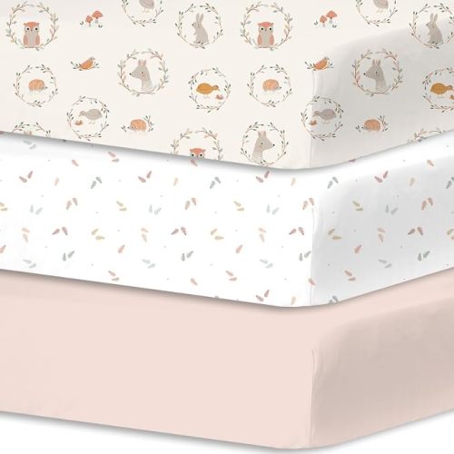 Little Grape Land 3PK Baby Crib Sheets for Girls, Enchanted Animal Friends
