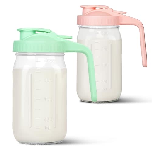 Mason Jar Pitcher, 32 oz Glass Milk Pitcher, Wide Mouth & Leakproof Glass Pitcher with Lid for milk, Sun Tea, Juice, Cold Brew Coffee and Drinks