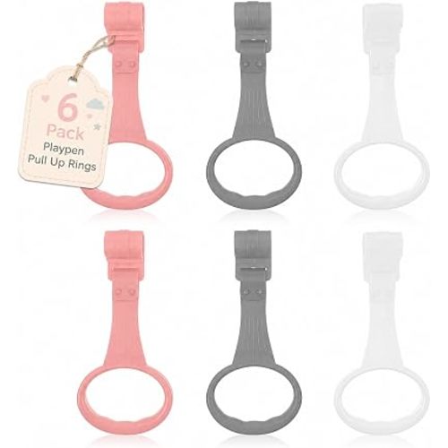 NUOBESTY 6Pcs Playpen Pull Up Rings for Baby, Baby Pull Up Rings and Playpen Accessories Detachable Plastic Crib Stand Assist Handles for Infant Toddler Nursery Bed (Pink Gray White)