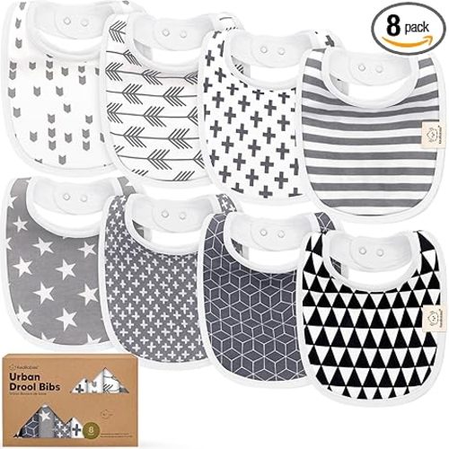 8-Pack Organic Baby Bibs for Boys, Girls - Soft Cotton Drooling and Teething Bibs for Baby Girl & Boy, Extra Absorbent, Easy To Clean & Put On for Toddler, Newborn, Infant 0-24 Months(Grayscale)