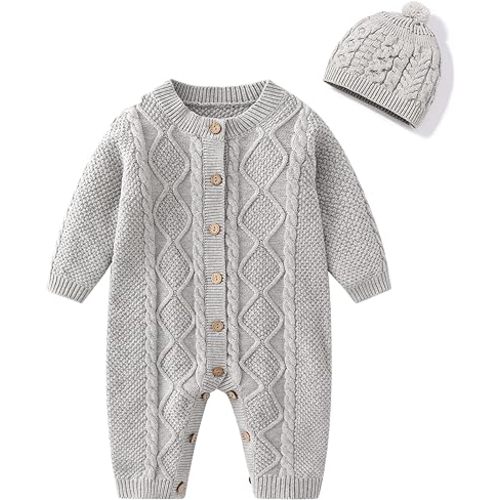 Baby Newborn Boy Knitted Sweater Romper Cotton Longsleeve Outfit with Kids Winter Warm Hats Set