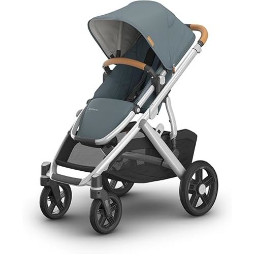 UPPAbaby Vista V3 Stroller - Full-Size Single-to-Double Stroller System - Toddler Seat, Bug Shield, Rain Shield, and Storage Bag Included - Callum (Stone Blue/Silver Frame/Sand Leather)