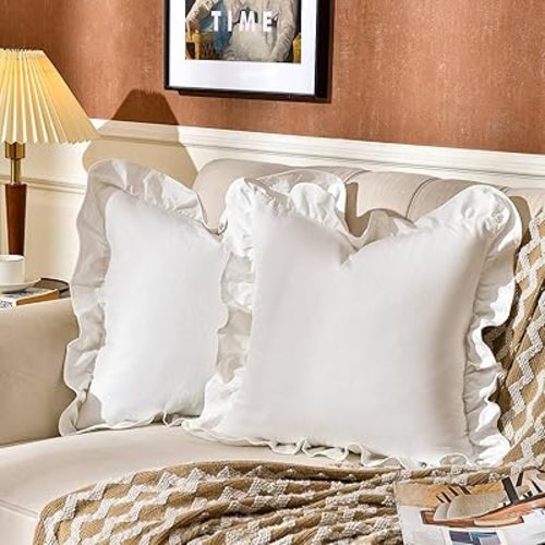 Pack of 2 Throw Pillow Covers 100% Cotton Pre Washed Ruffle Decorative Pillowcase Cushion for Couch Sofa Bedroom 18 x 18-Inch Cream White