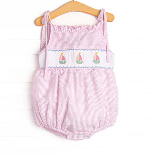 Coastal Cruise Smocked Bubble, Pink Seersucker – Stitchy Fish