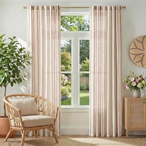 jinchan Linen Curtains for Living Room Striped Curtains Red on Beige Thick Textured Light Filtering Drapes Bedroom Dining Room Rustic Farmhouse Cottage Core Style 2 Panels 84 Inches Back Tab