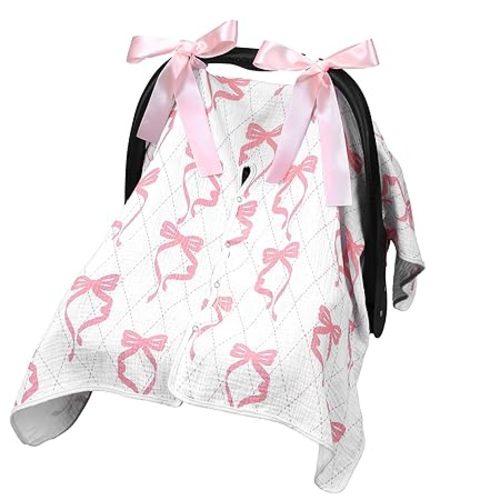 Tegeme 2-in-1 Pink Bow Muslin Baby Car Seat Cover Breathable Multi-use Nursing Infant Car Seat Cover Windproof Canopy for Breastfeeding Strollers Carriers