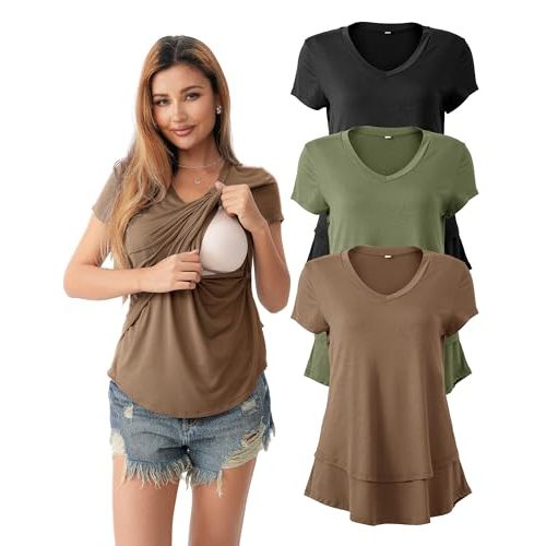 SUNNYBUY 3 Pack Hidden Nursing Tops for Breastfeeding Women Double Layer V Neck Maternity Shirts Postpartum Tee