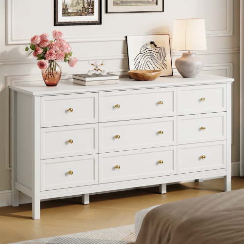 YouTrend 9 White Large Drawer Dresser, Retro Wood Adult Dresser with Metal Handles for Bedroom,Living Room, Hallway
