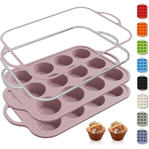 2 Packs 12 Cups Silicone Muffin Pan with Metal Reinforced Frame Regular Size Cupcake Pan Tray Egg Bites Silicone Circle Cookie Molds Muffin Tin Tart Pans Baking Sheet Set for Breakfast Sandwiches