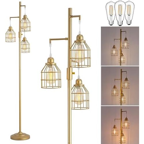 9MMML Golden Dimmable Floor Lamp,Industrial Gold Farmhouse Tall Standing Lamp for Living Room, Bedroom Office,3 Teardrop Cage Lampshade,3 LED Bulbs Inculded, 68'' Tall