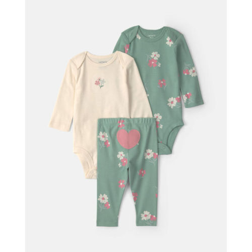 Baby Girl 3-Piece Heart Floral Long-Sleeve Bodysuit & Pant Set - Green/Cream | Carter's