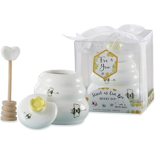 Kate Aspen Sweet as Can Bee Ceramic Mini Honey Pot with Wooden Honey Dipper (3.4 oz) Honey Jar, Bee Decor, White/Yellow (23261WT)