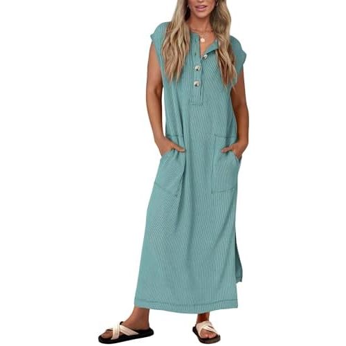 KIRUNDO Womens Summer Dresses 2026 Spring Ribbed Knit Henley Short Sleeve Maxi Dress Button Up Loose Beach Vacation Sundress