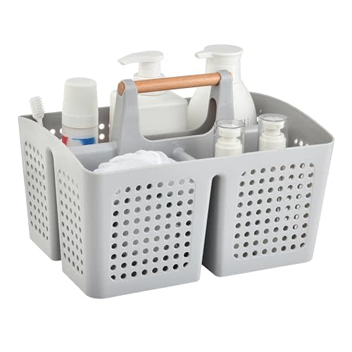 PAKCHOICE Portable Shower Caddy Basket with Compartments, Plastic Divided Cleaning Caddy Organizer Storage Tote with Handle for Bathroom, College, Dorm Room Essentials, Light Gray