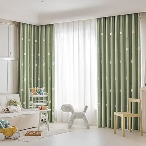 ENJOYBRIDAL Sheep Curtains 84 Inches Long 2 Panels Embroidered Green Drapes Bedroom Semi Blackout Grommet Decor Window Curtain Panels for Girls Room Nursery Light Blocking Kids Window Treatments