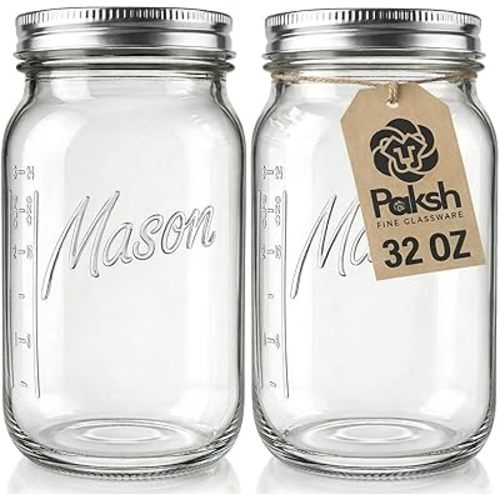 Paksh Novelty Wide Mouth Mason Jars With Lids 32 oz – Glass Quart Mason Canning Jars, Large Mason Jar Wide Mouth for Canning, Pickling, Jelly Preserving & Meal Prep, 2-Pack