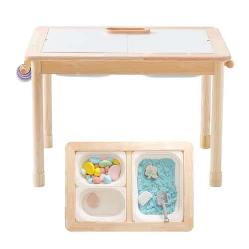 IEATFO Rubber Wood Montessori Sensory Table - 3 Foldable Storage Bins, Reinforced Frame, Height Adjustable Children's Table - Multifunctional Kids Activity Table Promotes Sensory Experiences & Growth