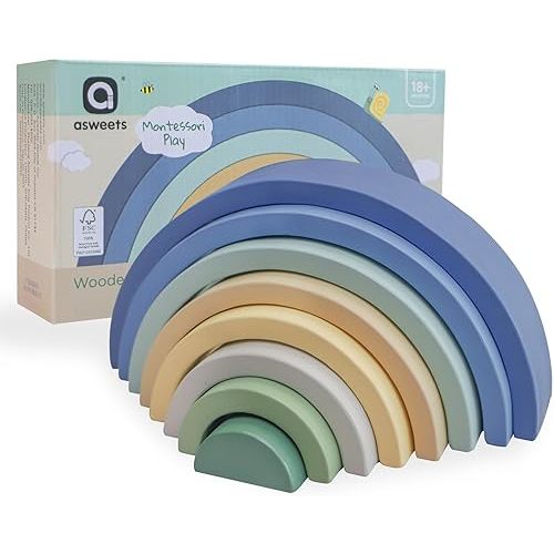 Asweets Wooden Stackable Rainbow Toy, 8 PCS Wooden Building Blocks Set for 1 2 3 Baby, Kids and Toddlers, Montessori Rainbow Nesting Puzzle, Best for 18M+, Cognitive Development (Blue)
